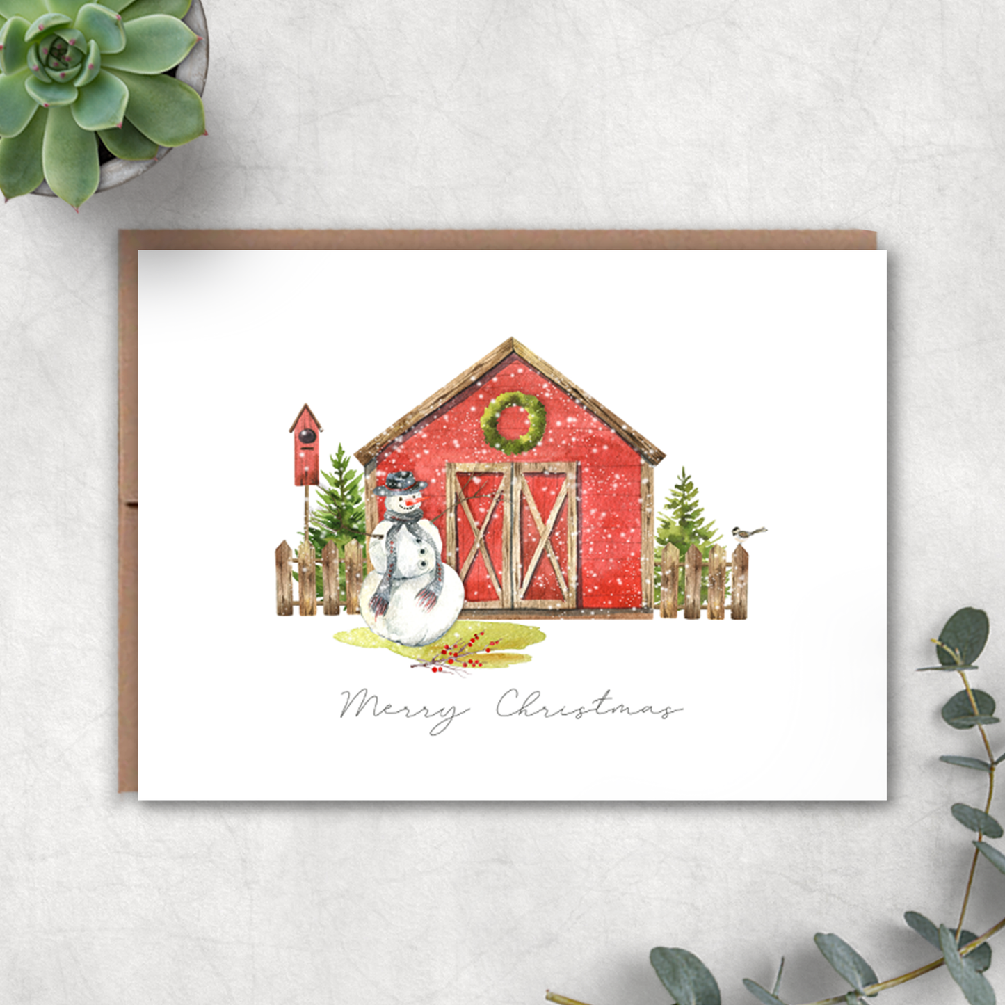 Red Barn Christmas Card - Blank