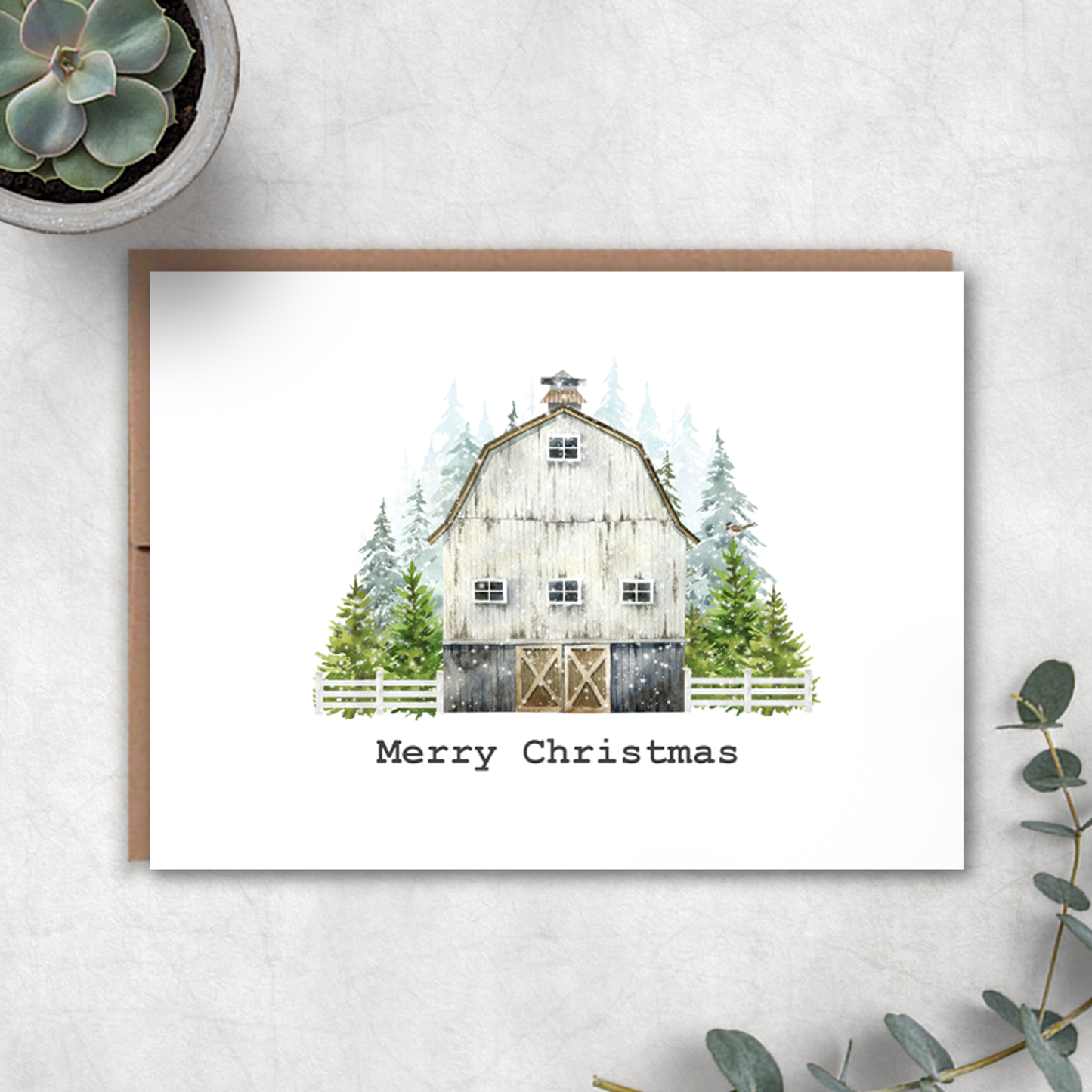 White Barn Merry Christmas Card - Blank