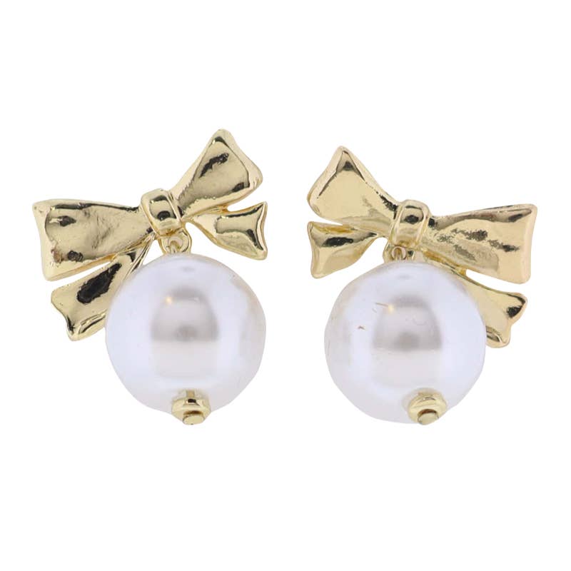 Gold Bow Earring with Pearl Bead