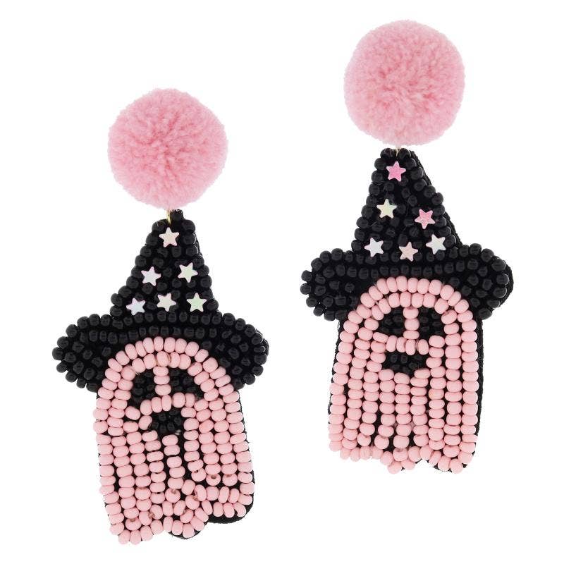 Pink Pom Post with Pink Ghost in Witch Hat & Stars Earrings
