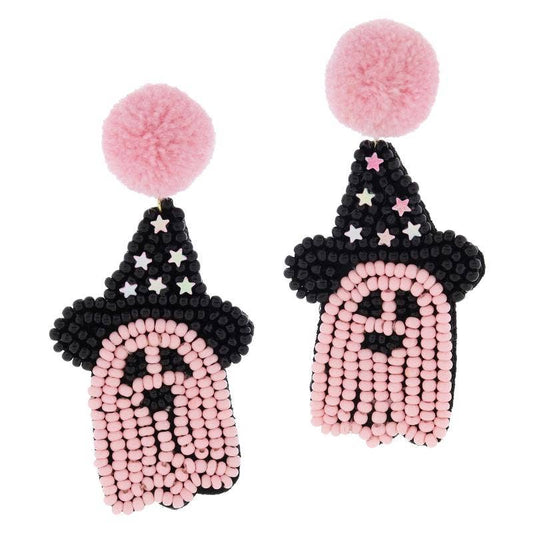 Pink Pom Post with Pink Ghost in Witch Hat & Stars Earrings
