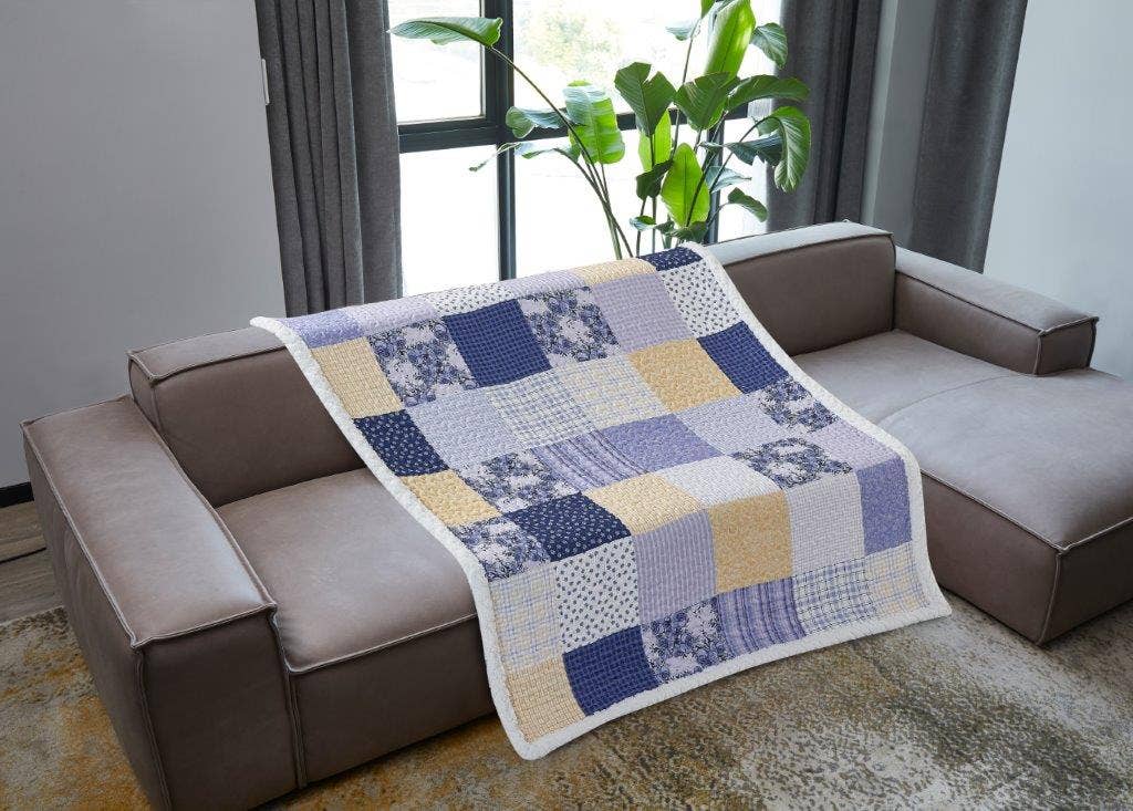 "Garden Walk in Bluebell" Quilted Sherpa Throw 50"x60"