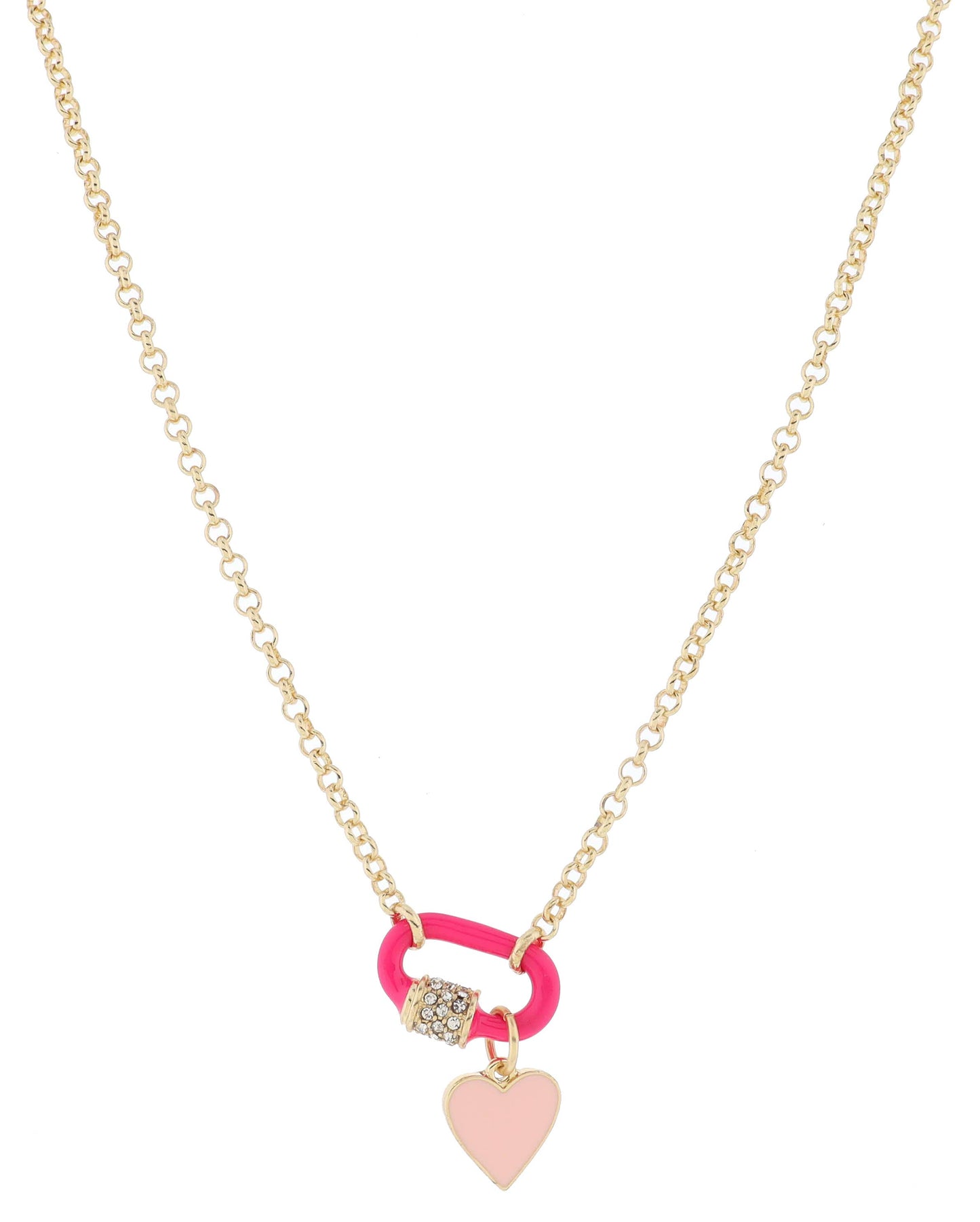 Hot Pink Enamel and Carabiner with Pink Heart Necklace