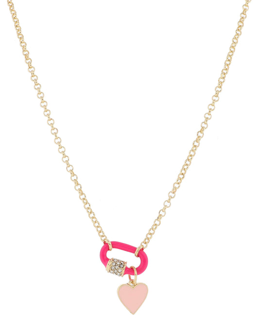 Hot Pink Enamel and Carabiner with Pink Heart Necklace