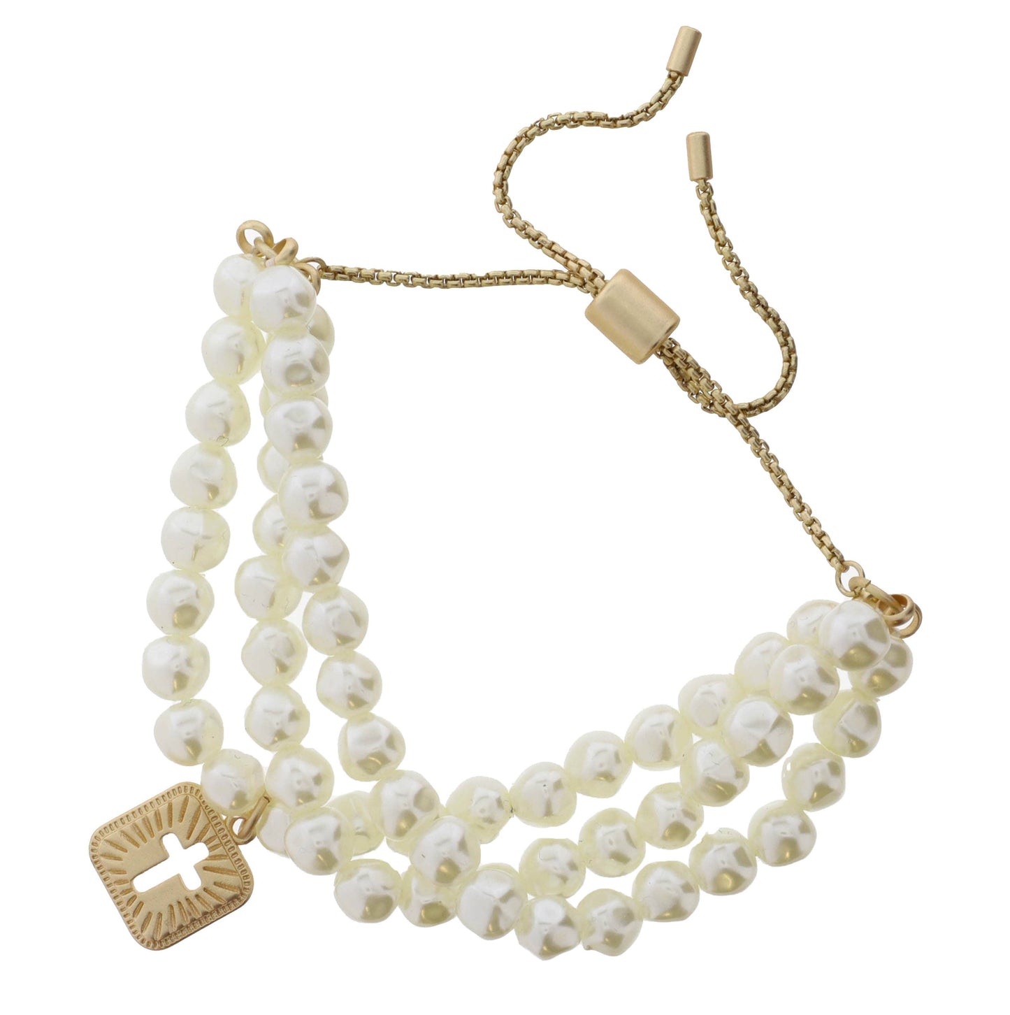 Set of 3, Pearl & Gold and Square with Cross Bracelet