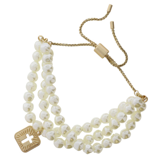 Set of 3, Pearl & Gold and Square with Cross Bracelet