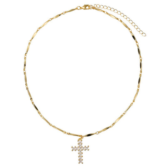 18K Gold Plated Gold Chain Necklace with Clear Crystal Cross