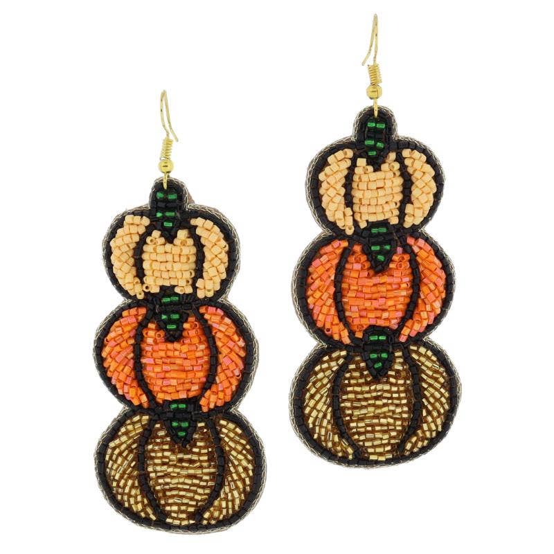 Peach, Orange, Gold Pumpkins & Black & Green Beads Earrings