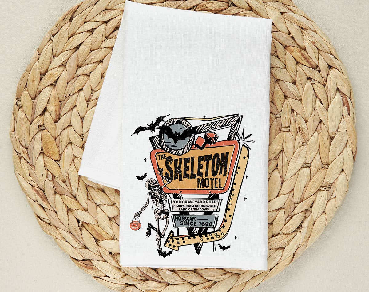 The Skeleton Motel - Halloween Bat Retro Tea Towel