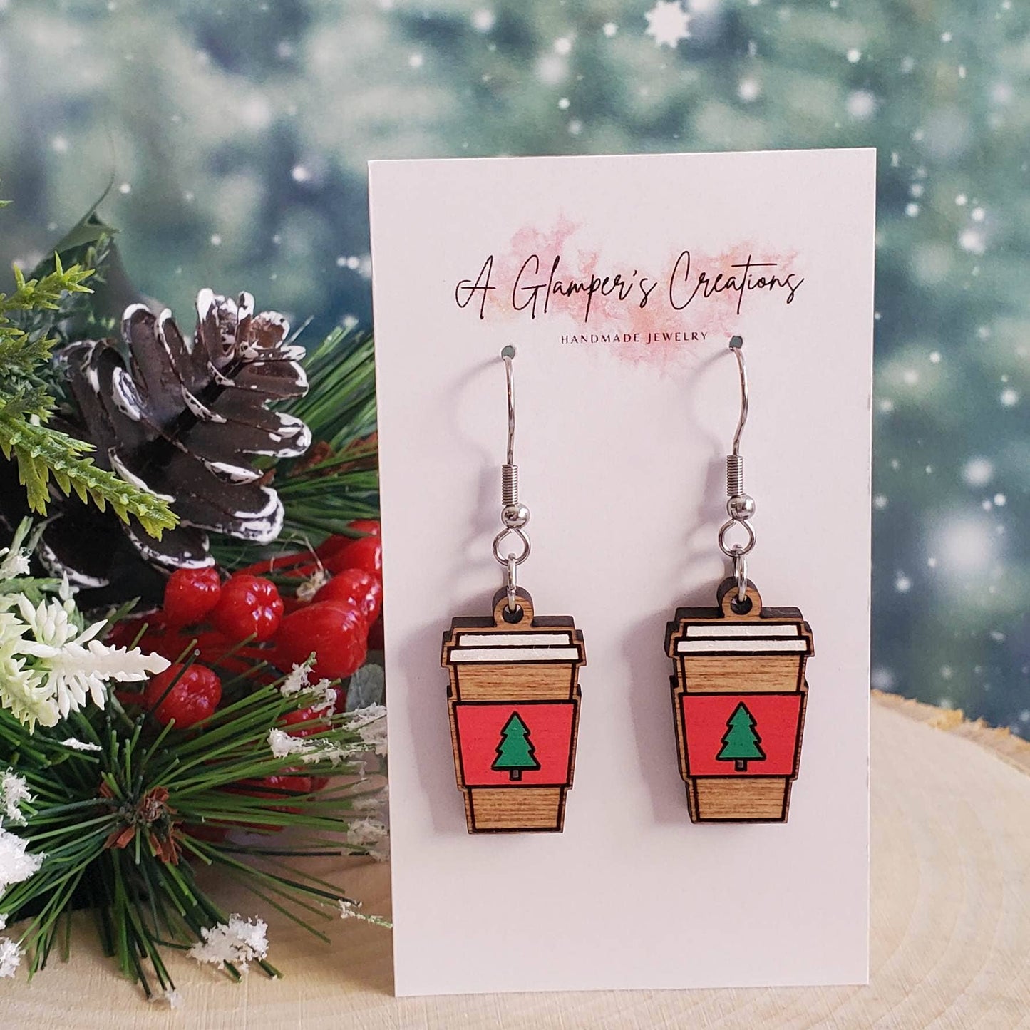 Christmas Tree Coffee Cup Wooden Earrings