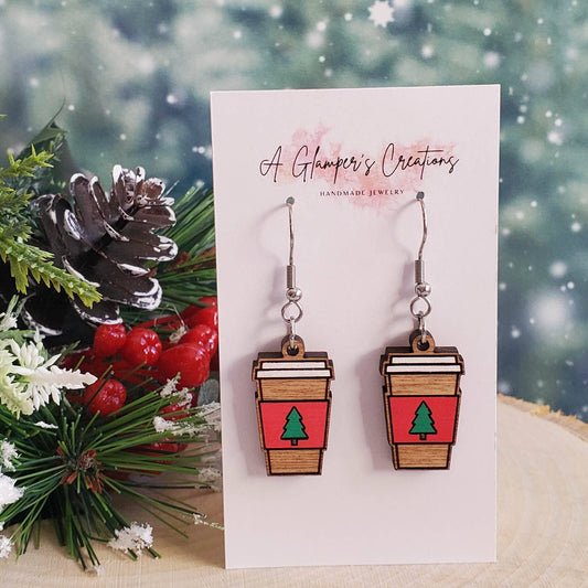 Christmas Tree Coffee Cup Wooden Earrings