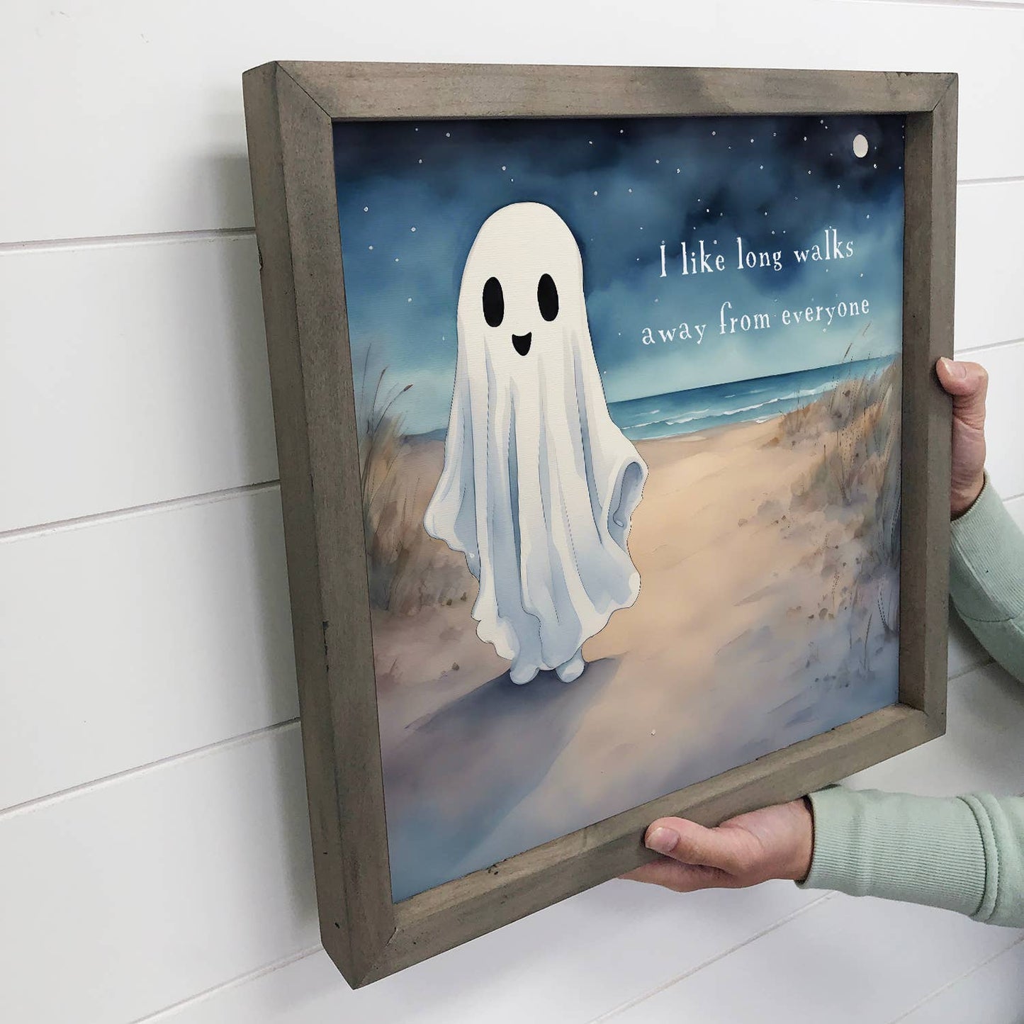 Cute Ghost on the Beach - Halloween Canvas Art - Framed Art