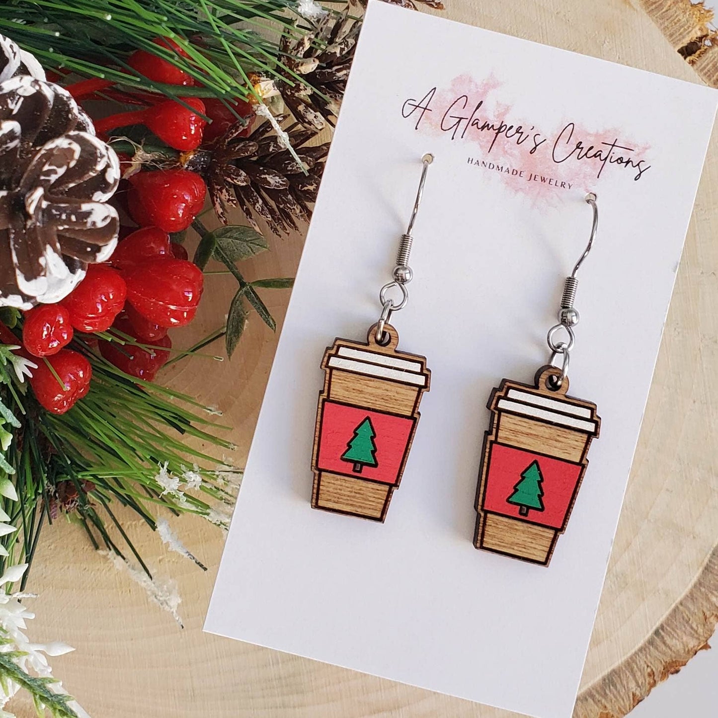 Christmas Tree Coffee Cup Wooden Earrings