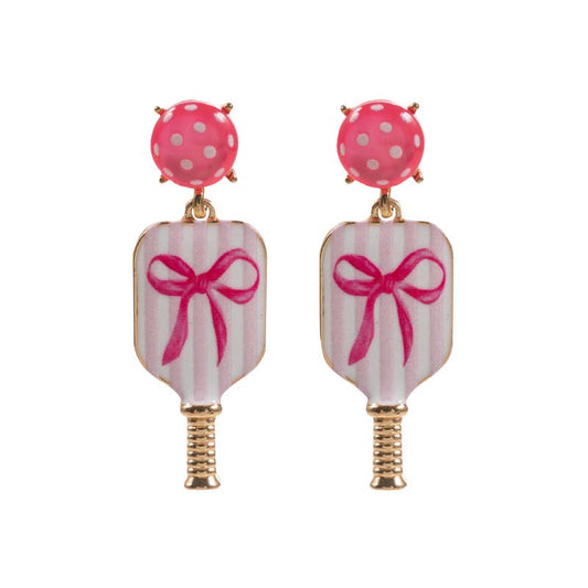White, Pink Striped Pickleball Paddle Earrings with Bow Post