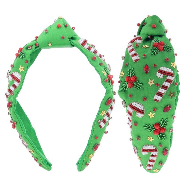 Green Satin Candy Canes & Holly Headband