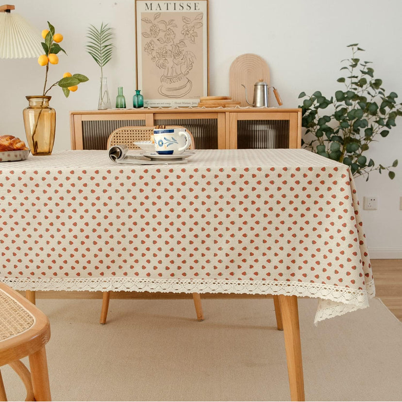 Red Strawberry Lace Square Tablecloth Cotton Linen 55 x 55 Inch