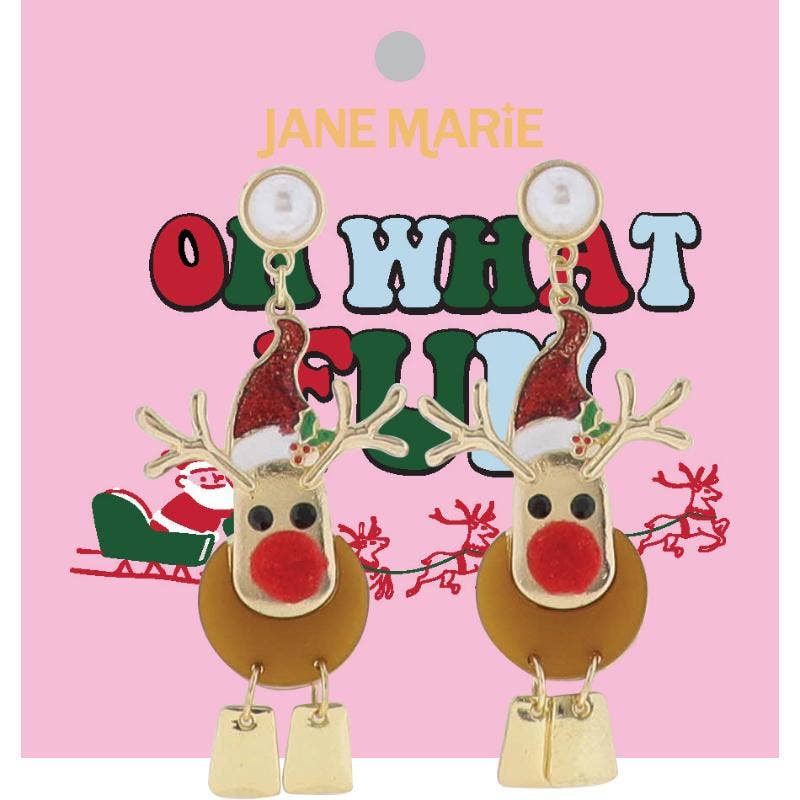 Brown, Gold, Red, White Reindeer with Red Pom Nose Earring