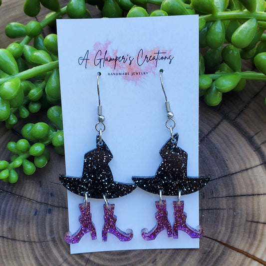Halloween Black Glitter Witch Hat & Boots Acrylic Earrings