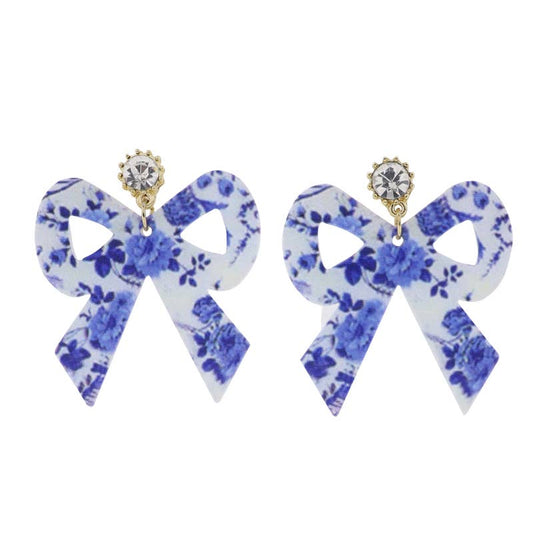 Blue, White Printed Bow Earring with Clear Crystal Post