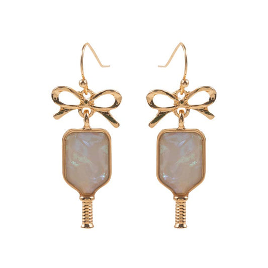 Gold, White Pickleball Paddle Earrings with Bow Post