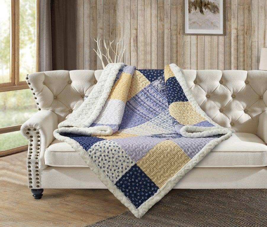"Garden Walk in Bluebell" Quilted Sherpa Throw 50"x60"