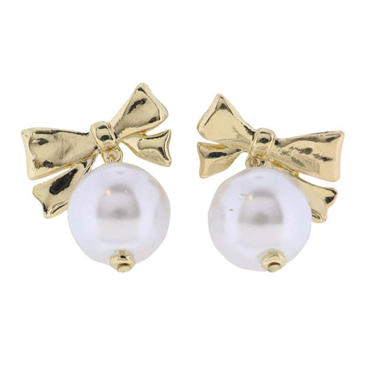 Gold Bow Earring with Pearl Bead