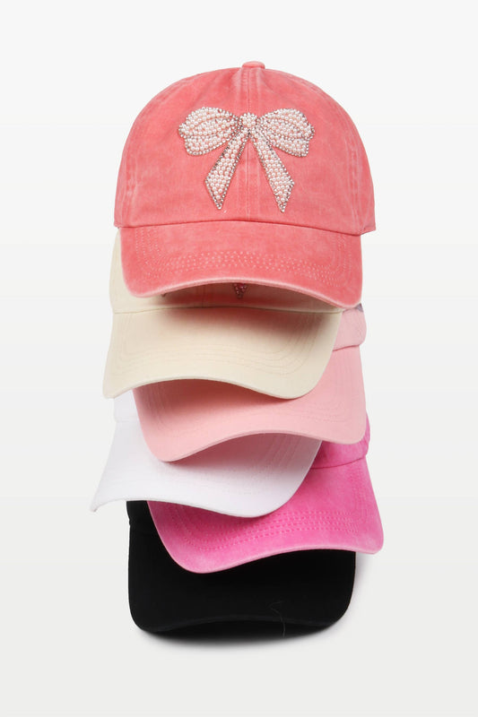 PEARLY PINK BOW DESIGNED BASEBALL CAP / HAT
